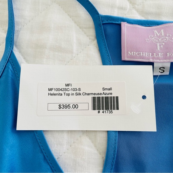 NWT Michelle Farmer 100% Silk Charmeuse Helenita Top in Azure Blue - Picture 7 of 10